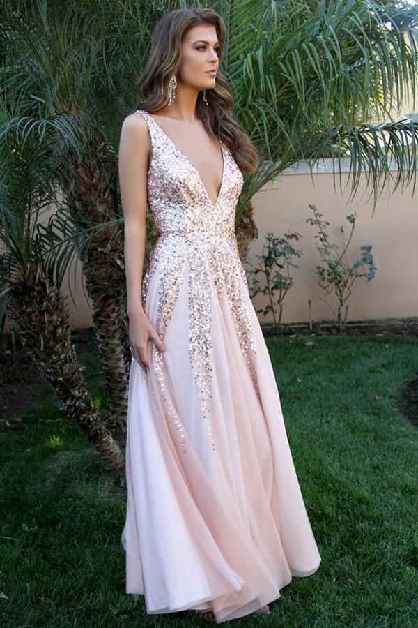 pink flowy prom dress