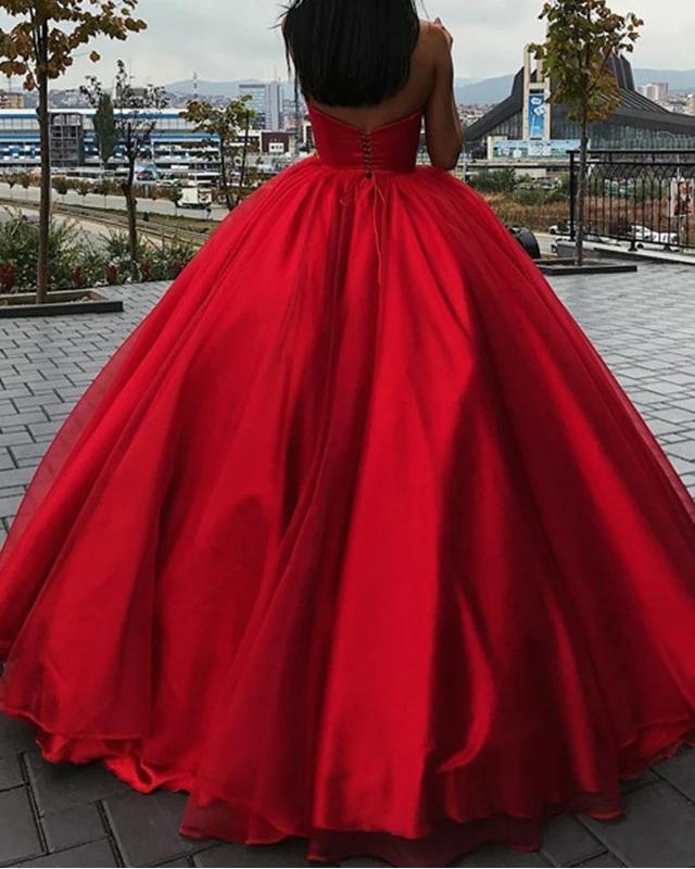 red strapless ball gown prom dress