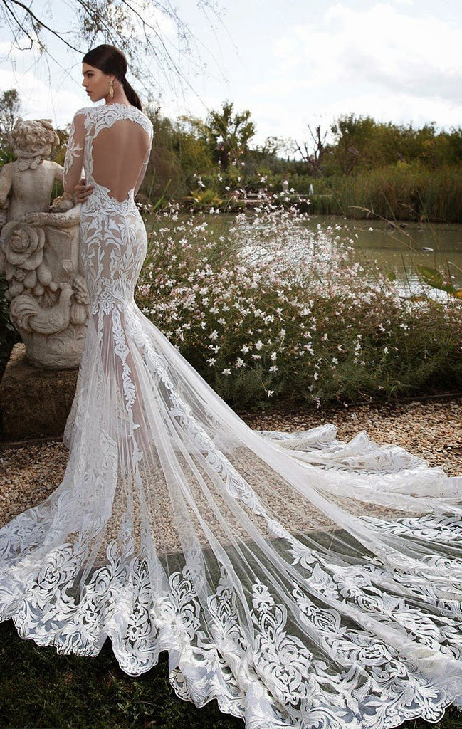 long sleeve lace open back mermaid wedding dress