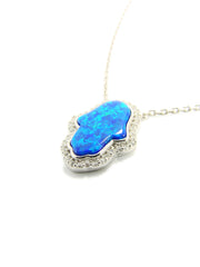 Sterling Silver Blue Opal and CZ Hamsa Hand Necklace.
