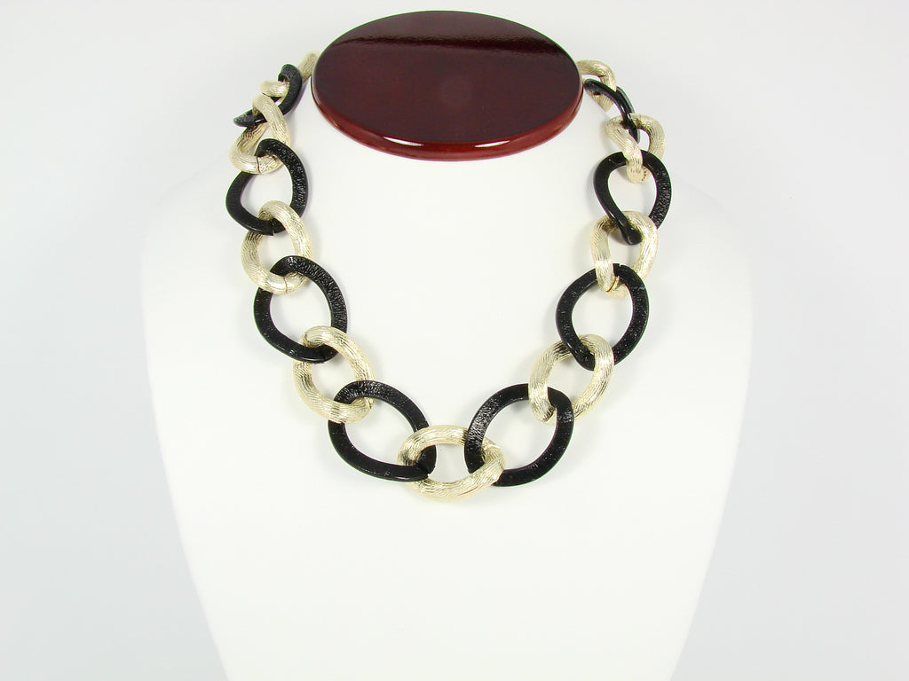 Chain Link Necklace Black and Gold Statement Fashion Jewelry