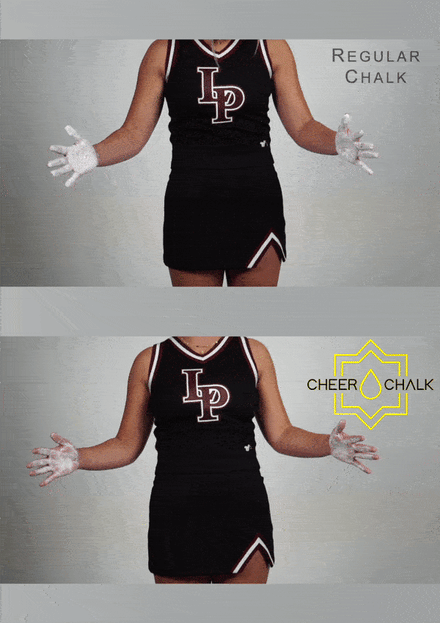 Regular powdered chalk vs. Cheer Chalk liquid chalk. Cheer Chalk leaves your uniform clean with no mess.