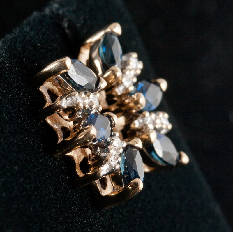 14k Yellow Gold Marquise Sapphire Diamond Stud Earrings Butterfly Backs 1.06ctw