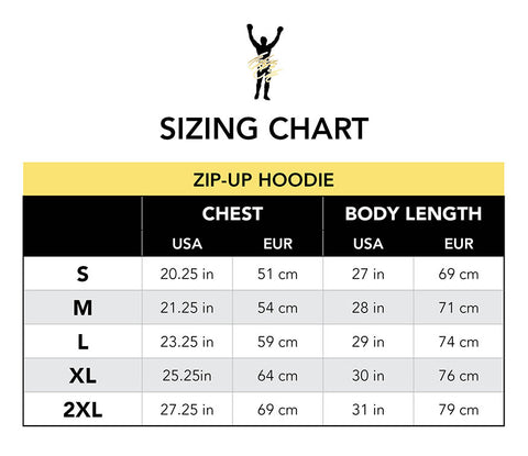 Sly Stallone Shop Zip-up Hoodie Size Chart