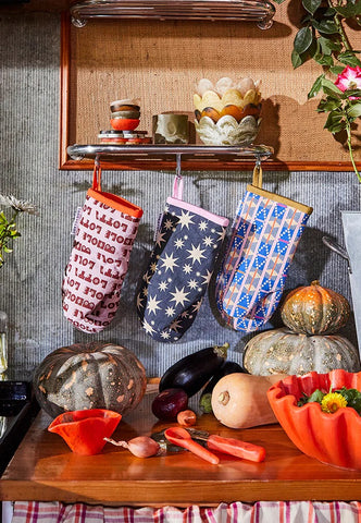 WYLD shop homewares: Group of three Sage and Clare designer patterned oven mitts