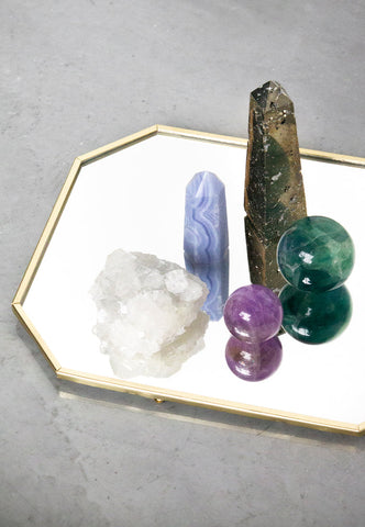 The WYLD Shop home decor: group of crystals including pyrite, fluorite, agate and quartz