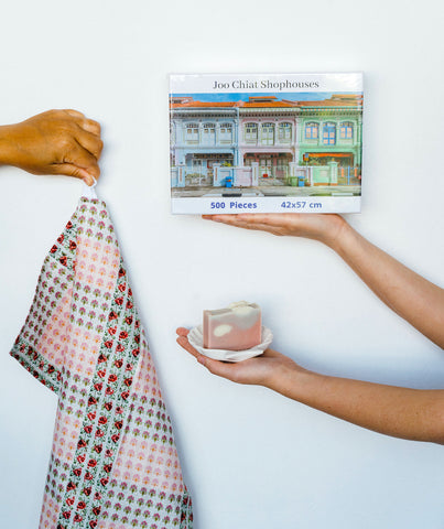 Farewell gift set at The WYLD shop: peranakan print tea towel, Joo Chiat puzzle, soap and shell tray