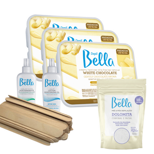 Bundle Depil Bella Hard Wax White Chocolate 28.2 Oz (3 Units) + 1 Pre Waxing + 1 Post Waxing + 1 Dolomita + 100 Wooden Spatulas