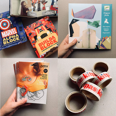 Block books, Djeco origami, OMY magic plastic, Kitpas tape