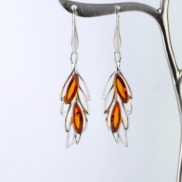 Amber and Silver Leaf Design Earrings.