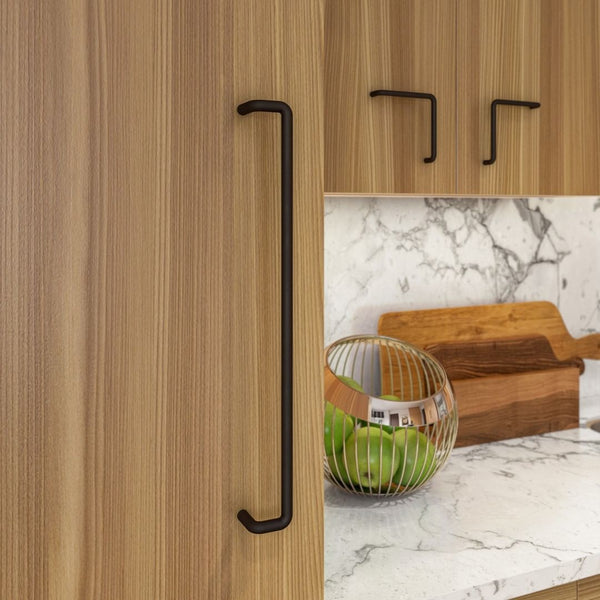 Nest Studio Tubular Cabinet Pull Collection in Flat Black on maple cabinets