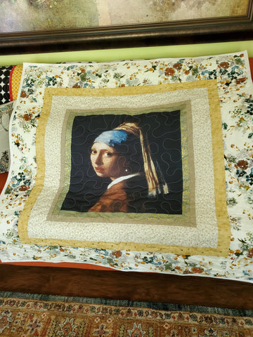 The Girl with a Pearl Earring, framed in Gustav Klimt yellow /gold metallic fabric and Wildflower fabric borders