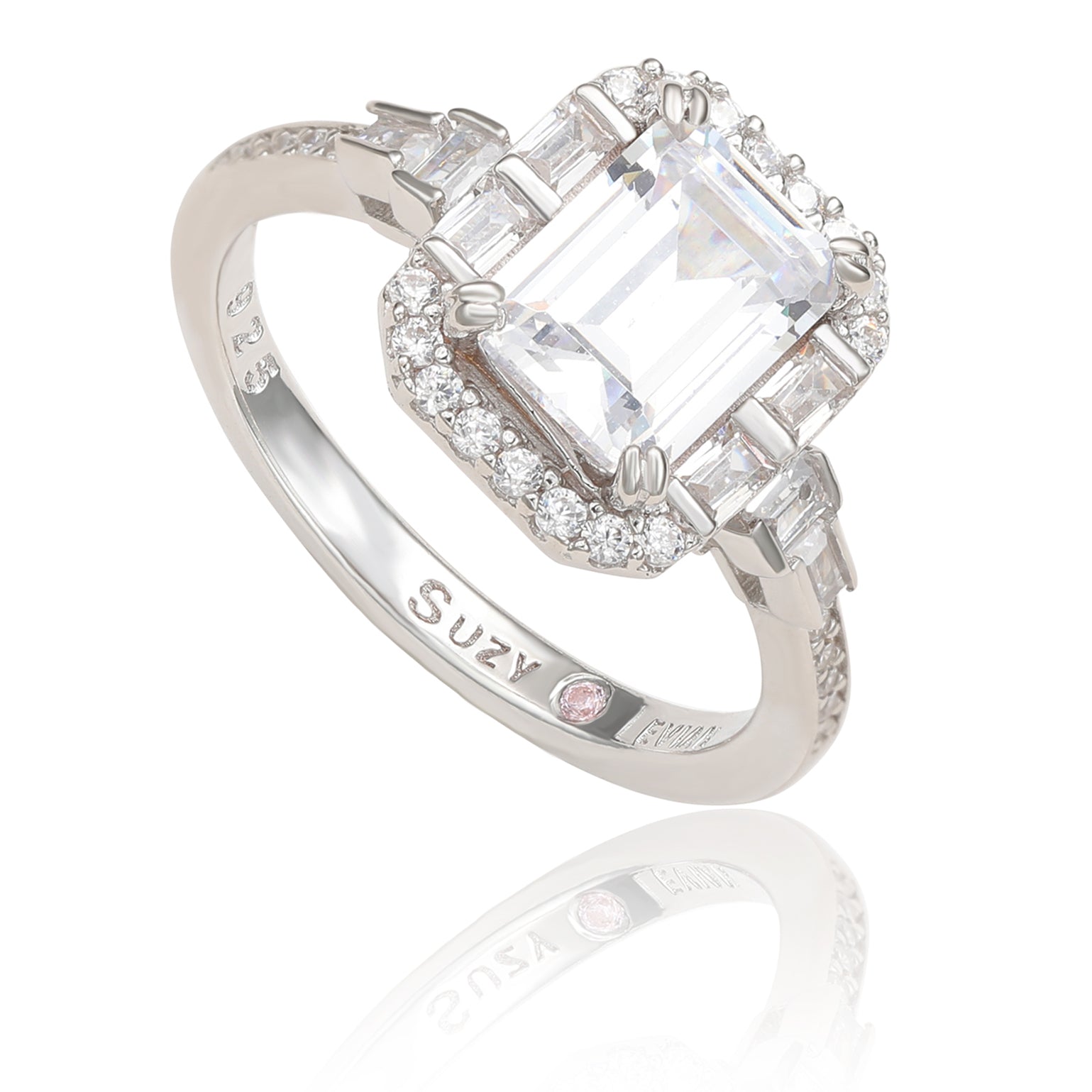 3 Carat Emerald Cut Cubic Zirconia Solitaire Engagement Ring - Yellow Gold  Plated Sterling Silver - Boutique Pavè