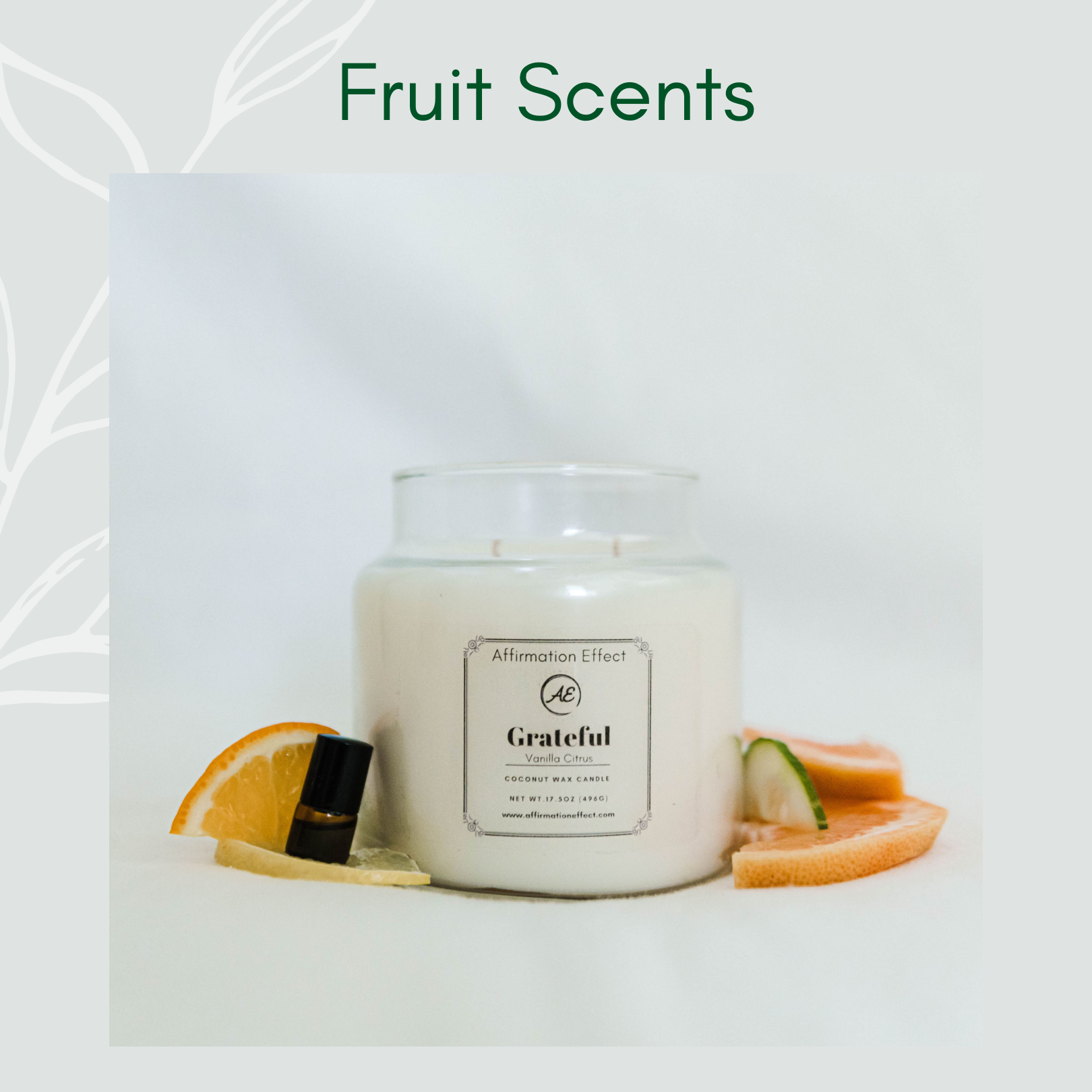 An inviting image of coconut wax candles with a soft glow. The candles are elegantly displayed, exuding a calming ambiance. Each candle carries a positive affirmation, enhancing the sense of wellbeing and positivity. The gentle fragrance of fresh fruits adds a delightful touch, creating a refreshing and uplifting atmosphere.