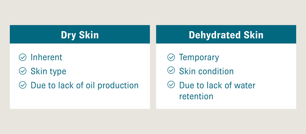 Two boxes side by side with text in them. The first box is titled “Dry Skin” and has a list that reads, “Inherent; Skin type; Due to lack of oil production”. The second box is titled “Dehydrated Skin” and has a list that reads, “Temporary; Skin condition; Due to lack of water retention”.