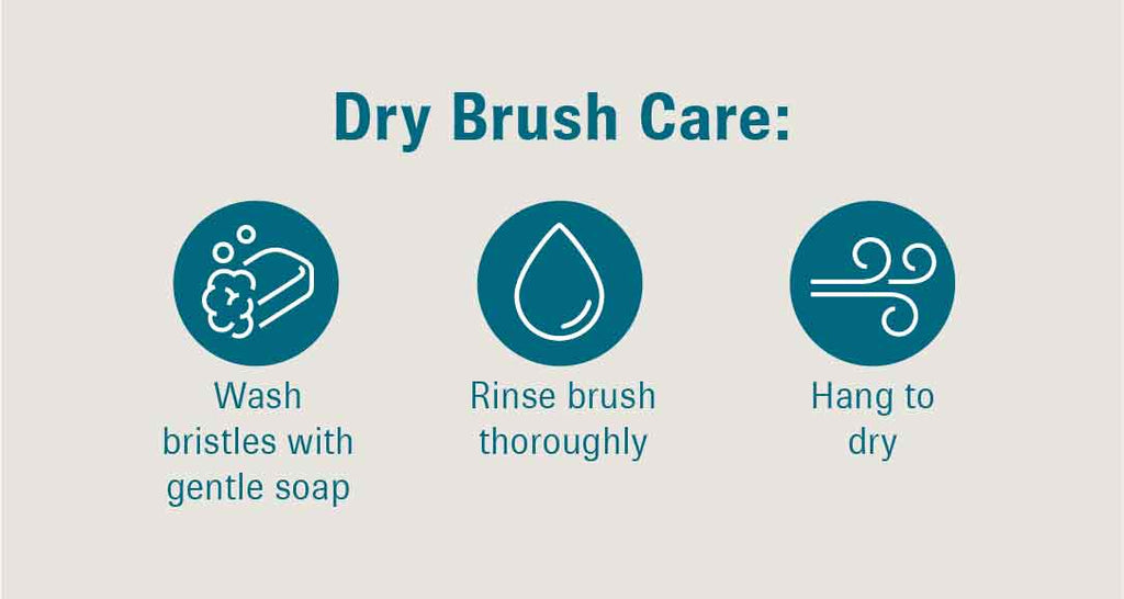 Graphic with text that reads, “Dry Brush Care: Wash bristles with gentle soap; Rinse brush thoroughly; Hang to dry.” Each text element is paired with an icon that represents it.