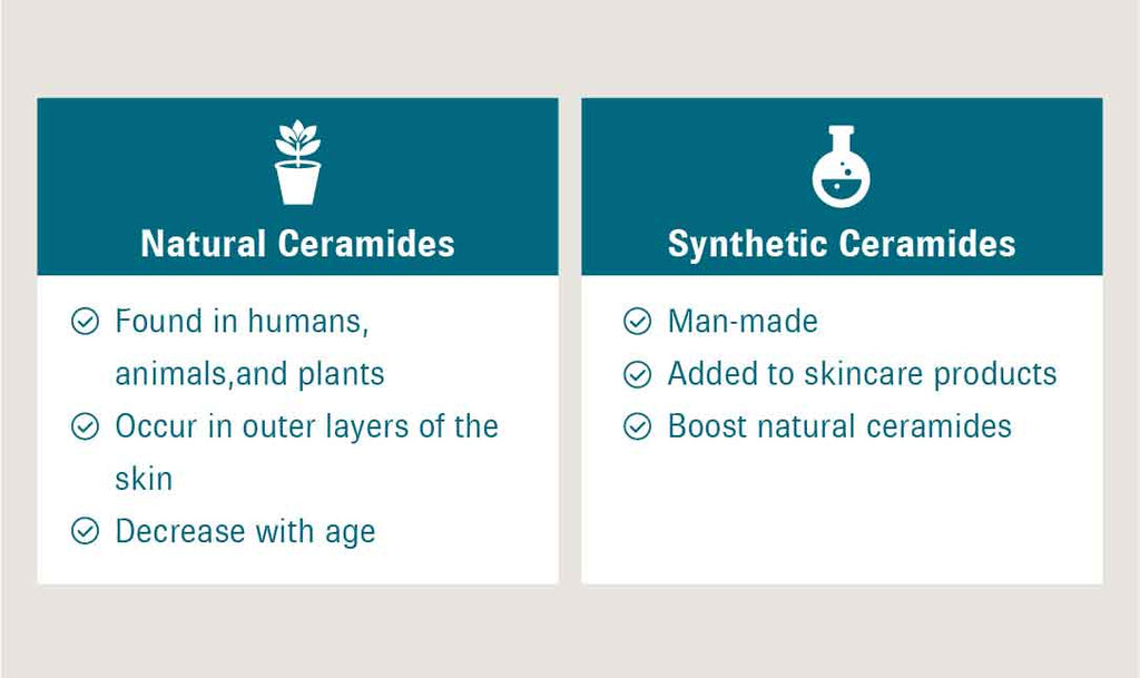 Graphic featuring two tables side by side. Table one is titled “Natural Ceramides” and features a list that reads, “Found in humans, plants, and animals; Occur in the outer layers of the skin; Decrease with age”. The second table is titled “Synthetic Ceramides” and features a list with text that reads, “Man-made; Added to skincare products; Boost natural ceramides”.