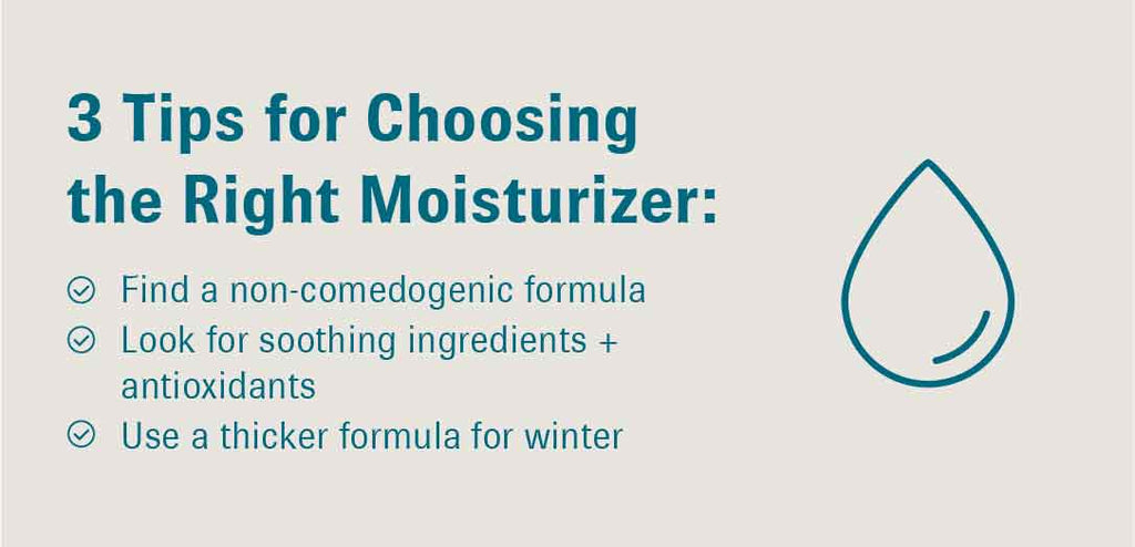 Graphic featuring text on the left that reads, “3 Tips for Choosing the Right Moisturizer: Find a non-comedogenic formula; Look for soothing ingredients + antioxidants; Use a thicker formula for winter”. An image of a water droplet is shown on the right.