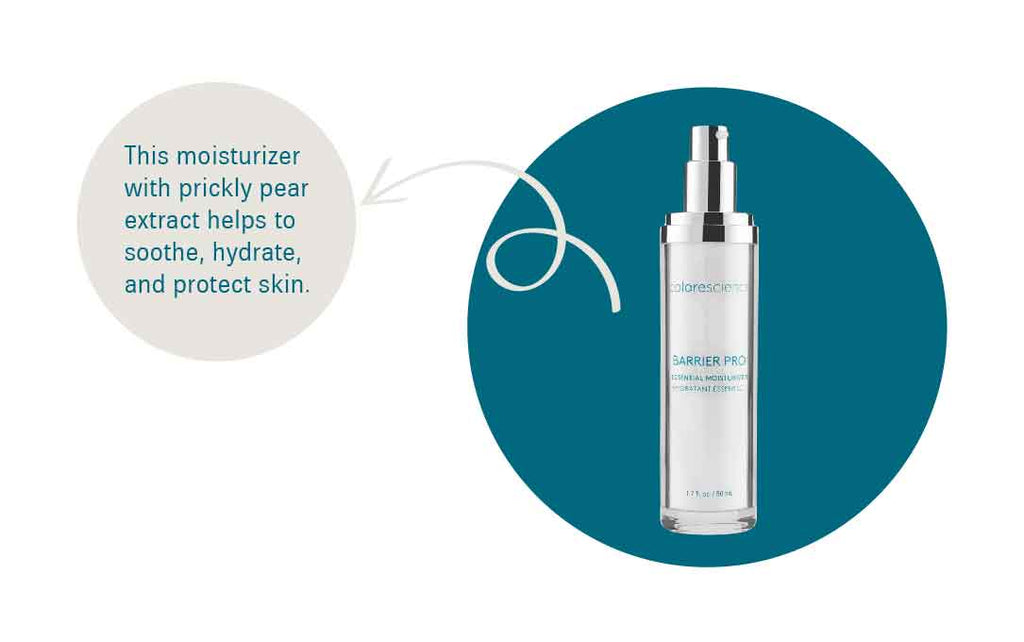 Graphic that shows a bottle of prickly pear extract moisturizer that says "This moisturizer with prickly pear extract helps to soothe, hydrate, and protect skin"