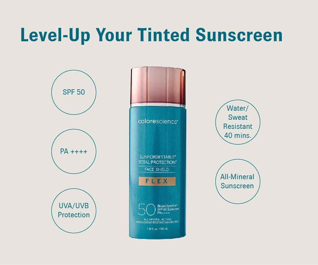 Graphic highlighting the protection provided by Sunforgettable® Total Protection™ Face Shield Flex SPF 50 tinted sunscreen.