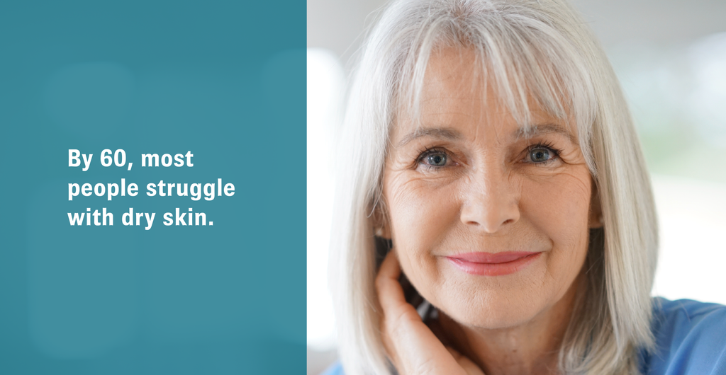 Mature woman smiling at camera with text that reads, “By 60, most people struggle with dry skin.”