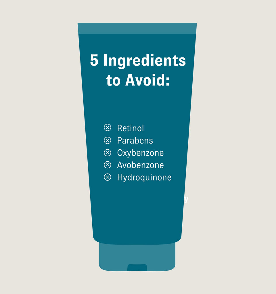 Illustration of a skincare lotion bottle with text that reads: “5 Ingredients to Avoid: Retinol; Parabens; Oxybenzone; Avobenzone; Hydroquinone”.