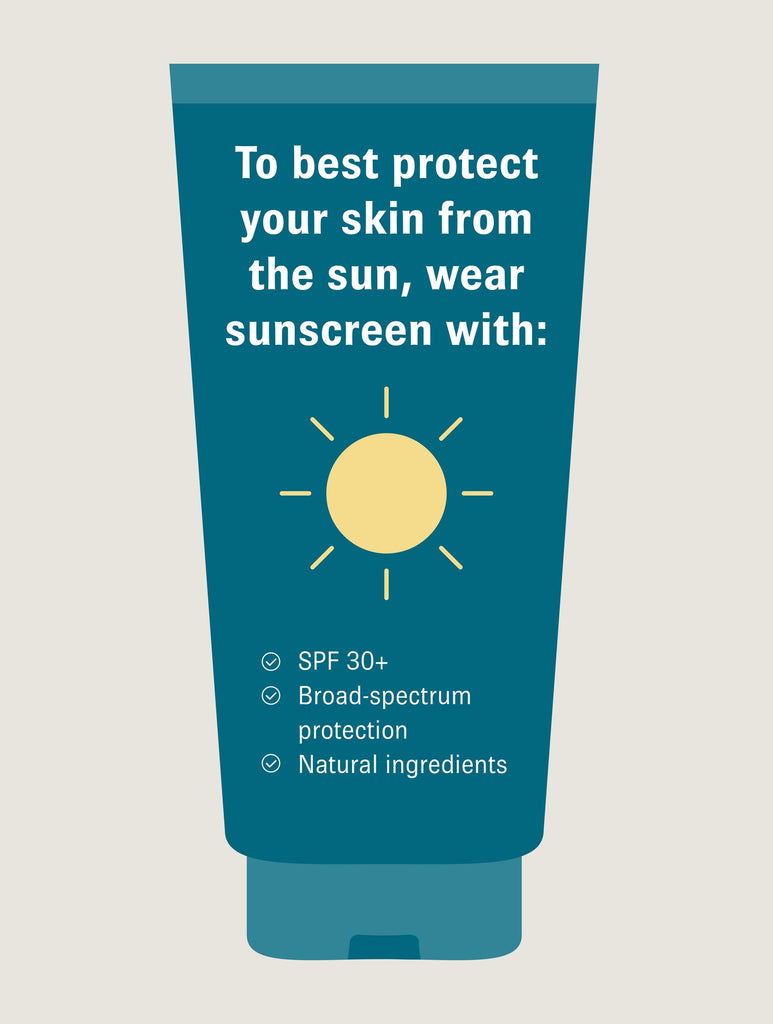 Teal sunscreen bottle with text on the front that reads, “To best protect your skin from the sun, wear sunscreen with: SPF 30+, Broad-spectrum protection, Natural ingredients”