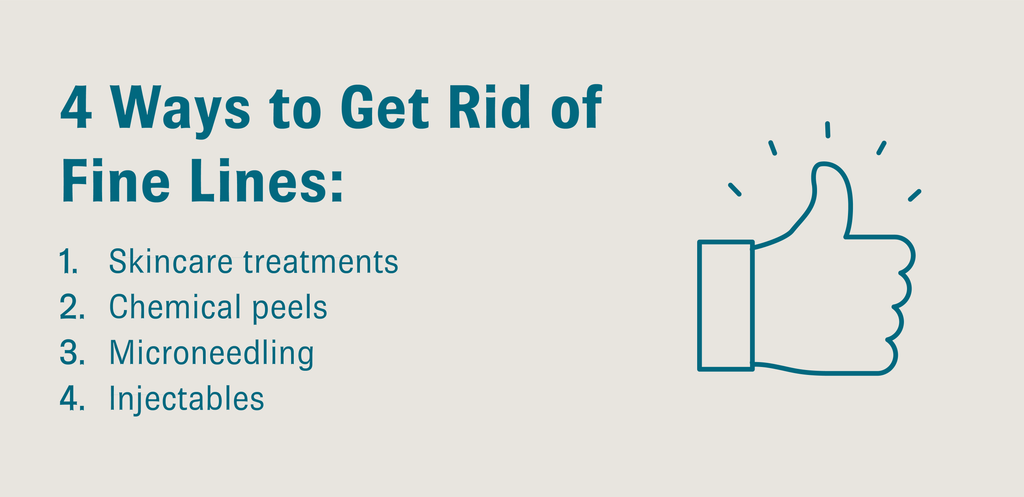 A thumbs up illustration and text that reads, “4 Ways to Get Rid of Fine Lines: 1. Skincare treatments, 2. Chemical peels, 3. Microneedling, 4. Injectables”.