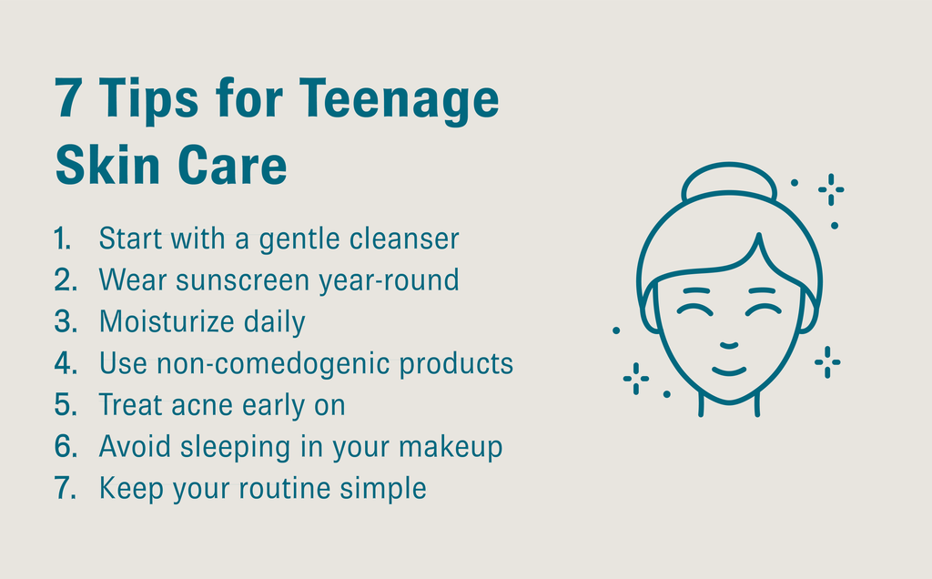 Illustration of a smiling girl with text that reads, “7 Tips for Teenage Skin Care: 1. Start with a gentle cleanser; 2. Wear sunscreen year-round; 3. Moisturize daily; 4. Use non-comedogenic products; 5. Treat acne early on; 6. Avoid sleeping in your makeup; 7. Keep your routine simple”.