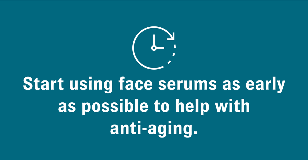 A clock with text underneath that reads, “Start using face serums as early as possible to help with anti-aging.”