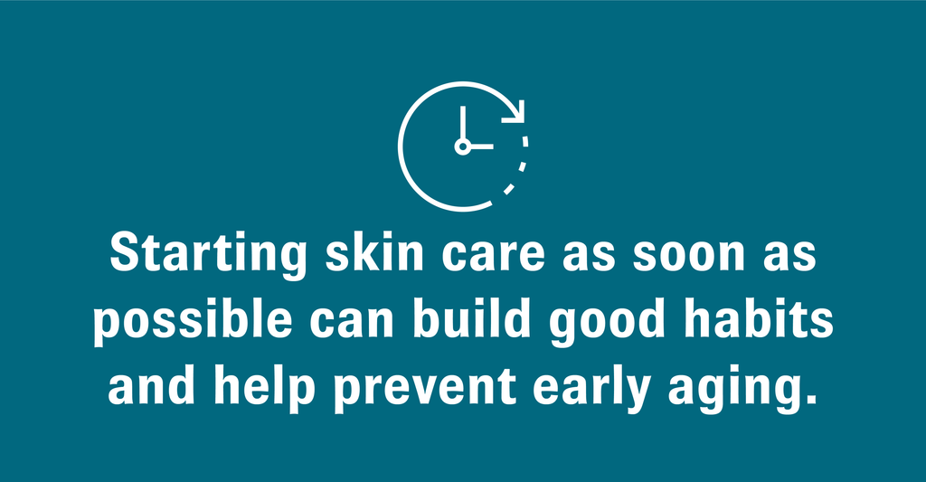 Illustration of a clock with text that reads, “Starting skin care as soon as possible can build good habits and help prevent early aging.”