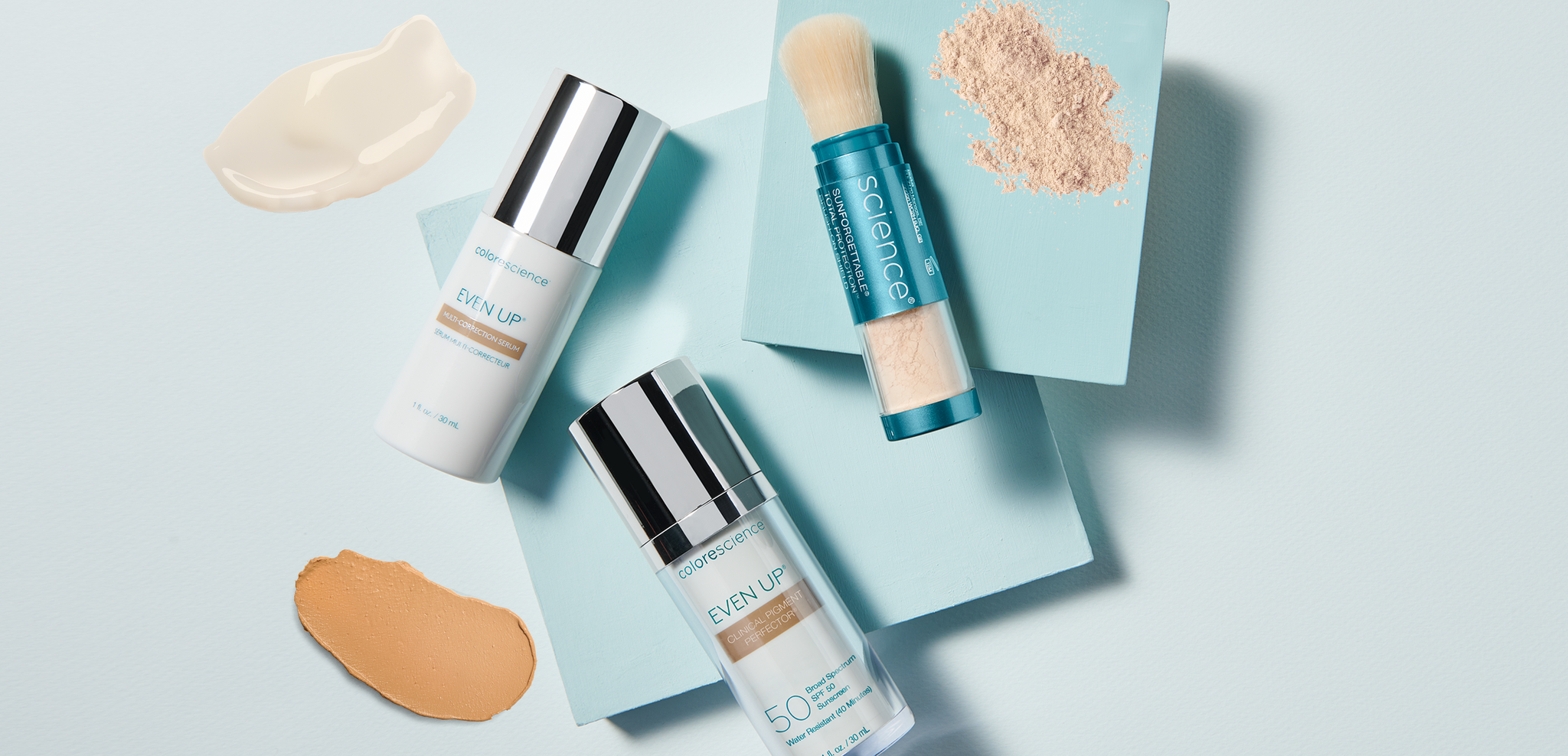 Even Up Clinical Pigment Perfector, Even Up Multi-Correction Serum, and Sunforgettable Brush-On Shield SPF 50 with texture swatches