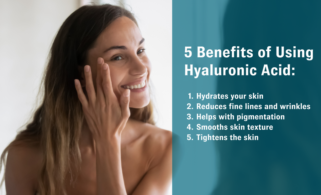Image of young woman touching her crow’s feet next to a list that reads, “5 Benefits of Using Hyaluronic Acid: 1. Hydrates your skin; 2. Reduces fine lines and wrinkles; 3. Helps with pigmentation; 4. Smooths skin texture; 5. Tightens the skin