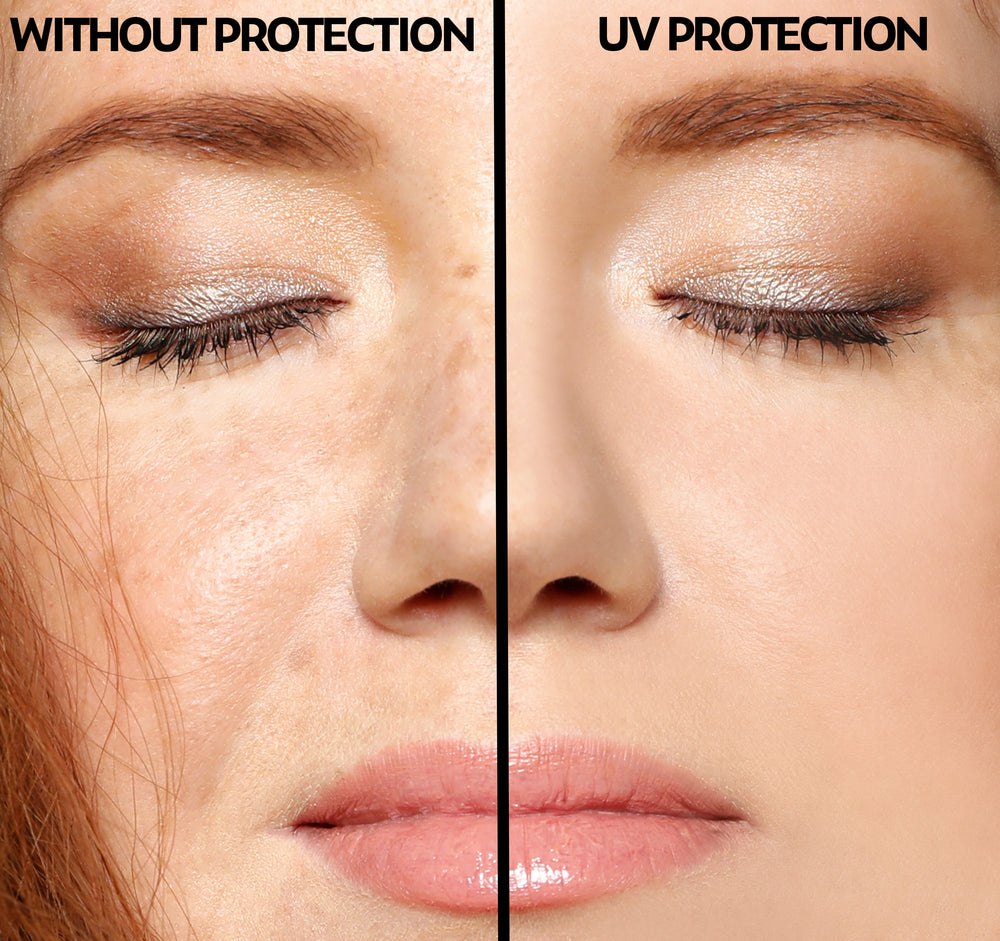 Split image of a woman’s face with one side showing her skin without sun protection and the other with it.