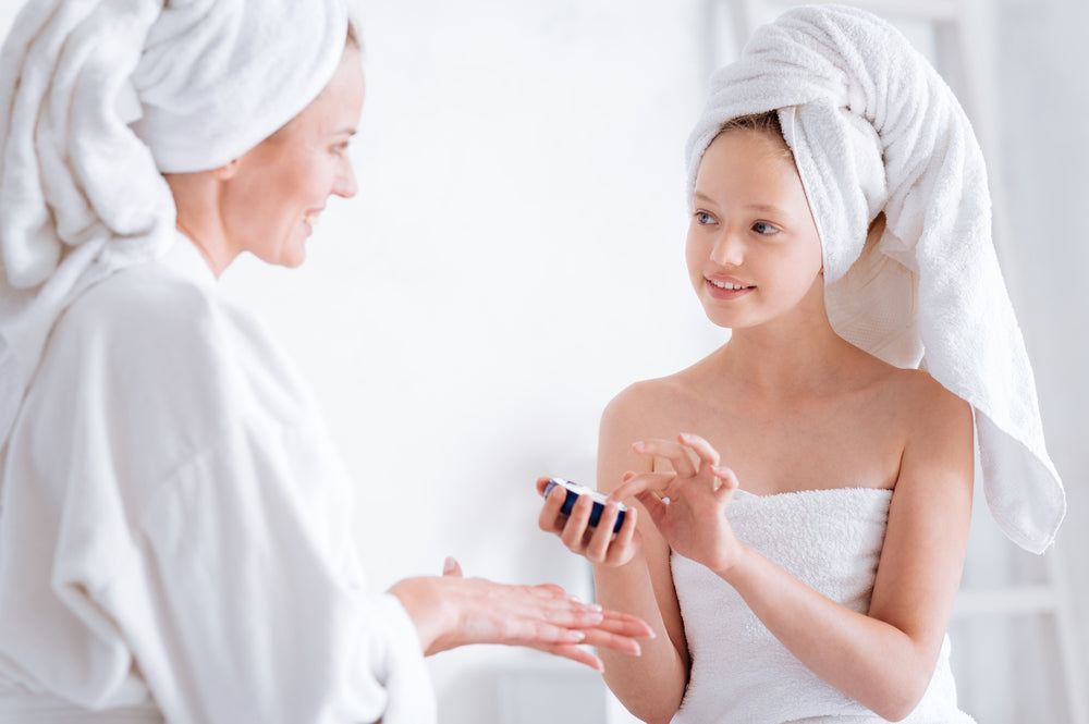 Mother and teen talking about skincare.
