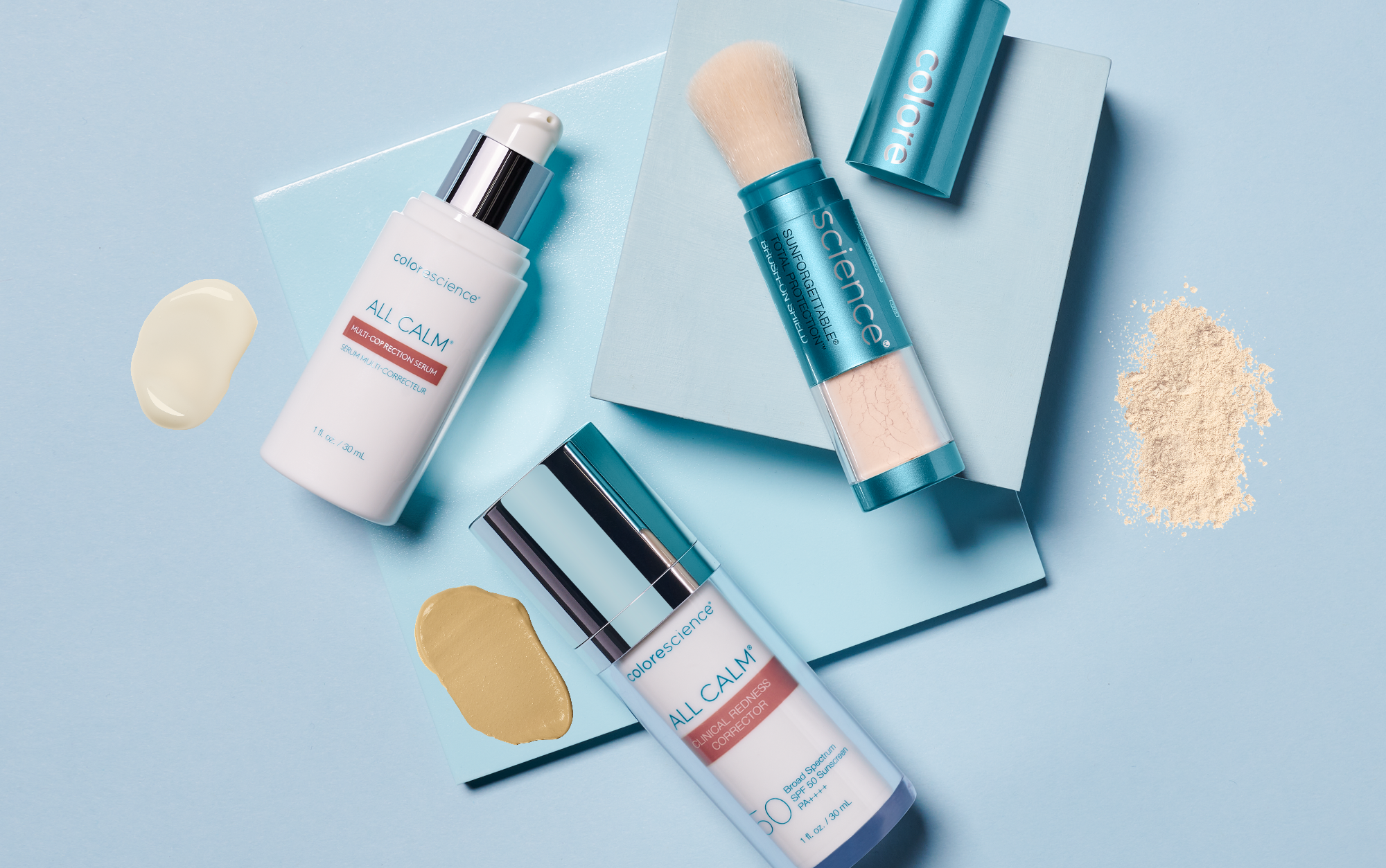 All Calm Clinical Redness Corrector, All Calm Multi-Correction Serum, and Sunforgettable Brush-On Shield SPF 50 with texture swatches