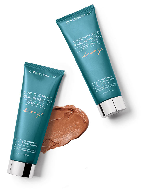 Sunforgettable® Total Protection™ Body Shield Bronze SPF 50 tubes with swatch