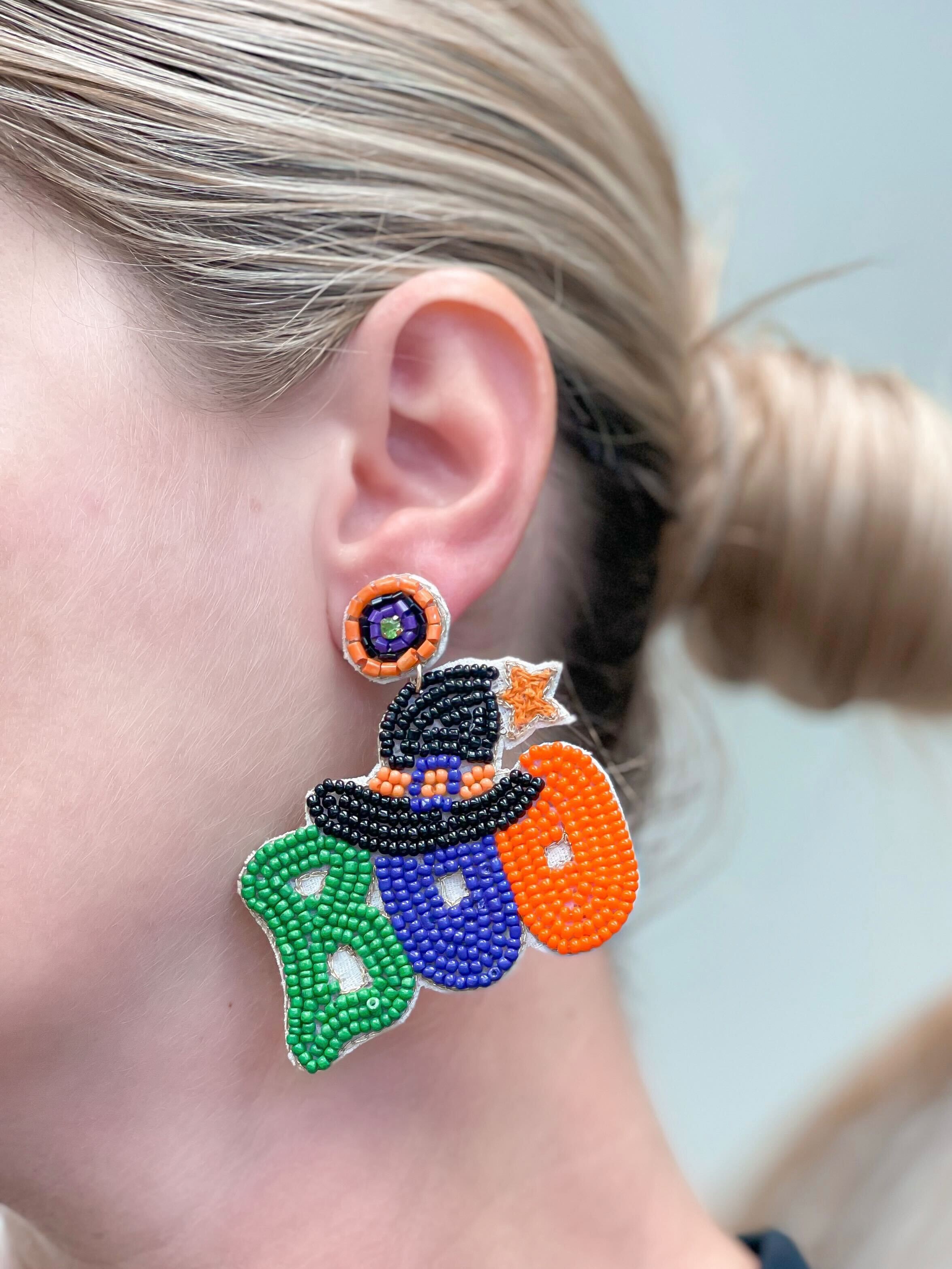 'Boo' Witchy Halloween Beaded Dangle Earrings