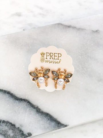 Gold Pearl Bee Stud Earrings