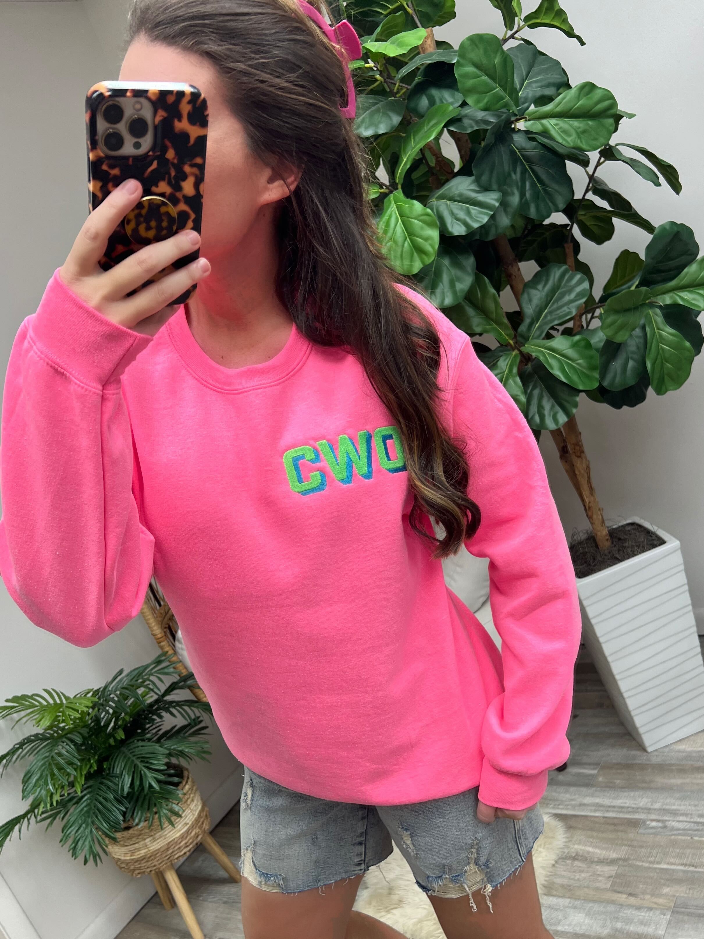 Custom Neon Shadow Block Embroidered Monogram Sweatshirt - Neon Pink (Ships in 2-3 Weeks)