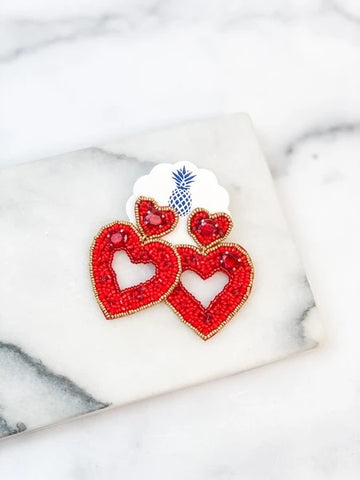 Red Beaded Dangle Heart Earrings
