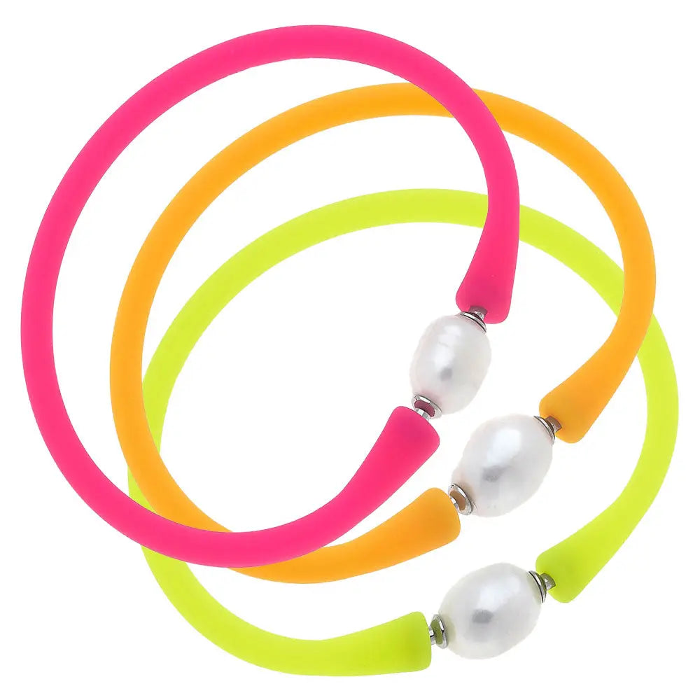 Bali Freshwater Pearl Silicone Bracelet Set - Bright Neon