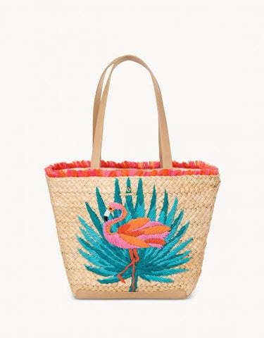 Embroidered Flamingo Straw Tote Bag