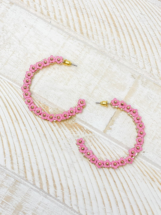 Beaded Mini Flower Lined Hoop Earrings - Pink