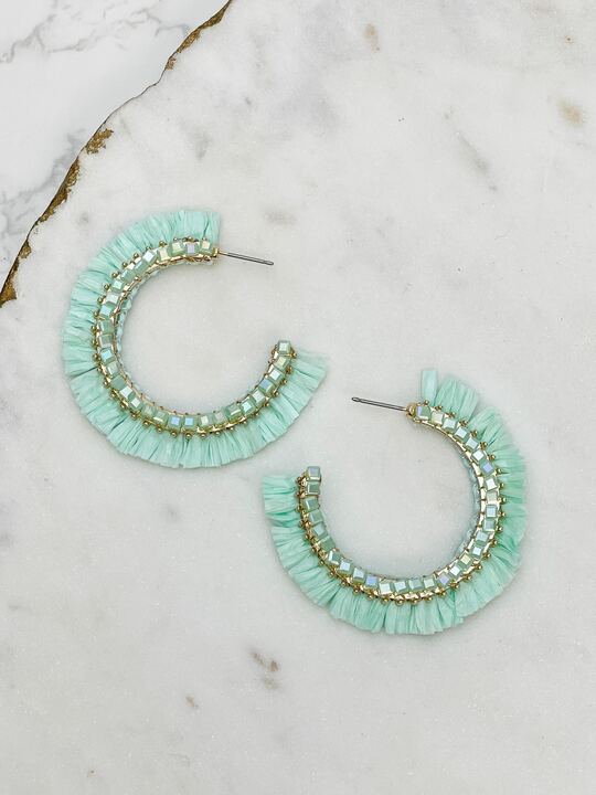 Beaded Raffia Hoop Earrings - Mint