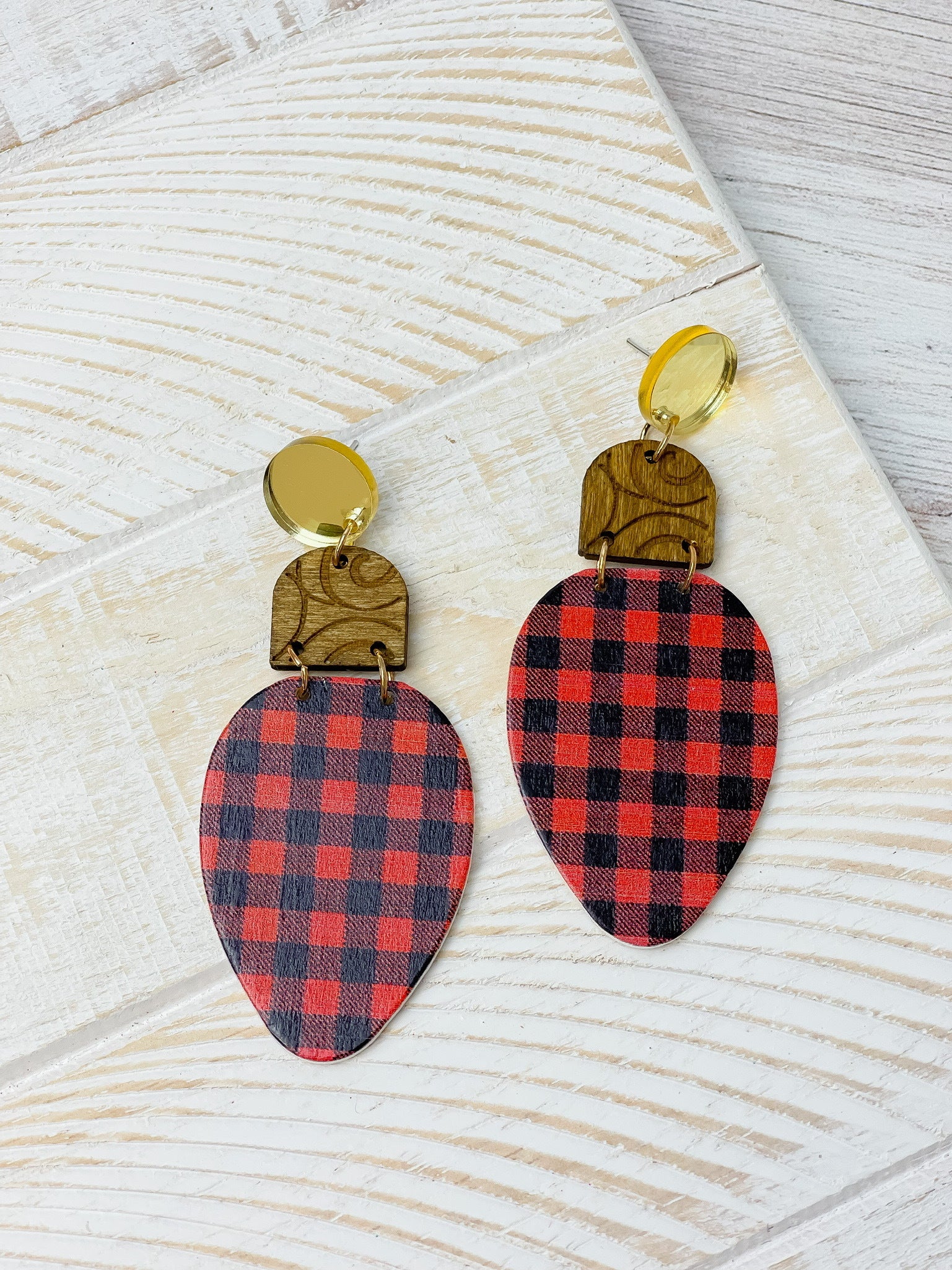 Christmas Light Dangle Earrings - Red Buffalo Check