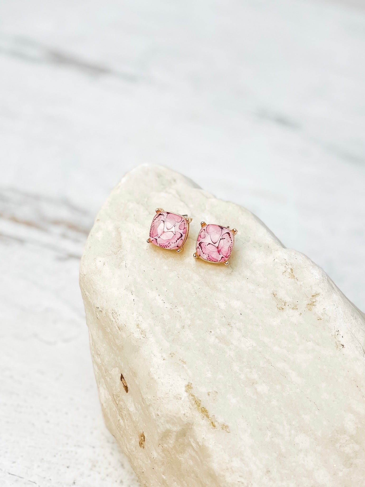 Butterfly Glass Stud Earrings - Light Pink