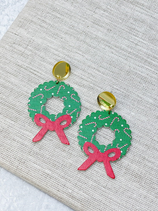 Candy Cane Christmas Wreath Dangle Earrings