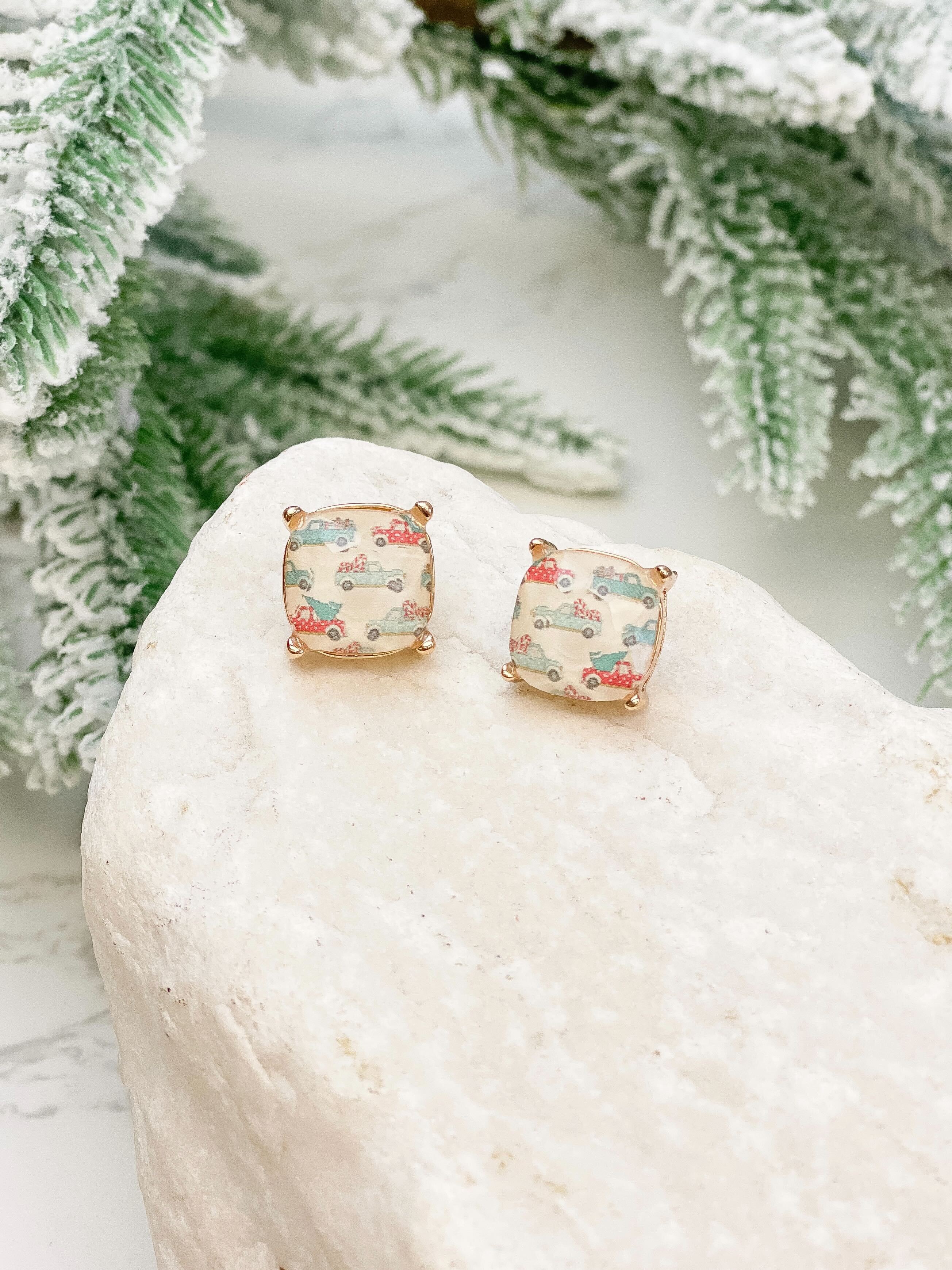 Christmas Truck with Tree Printed Stud Earrings