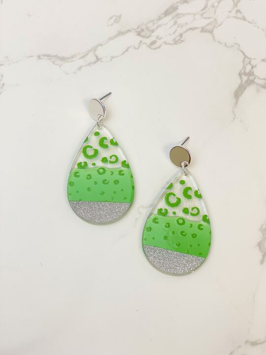 Cheetah Painted Clear Glitter Dangle Earrings - Green